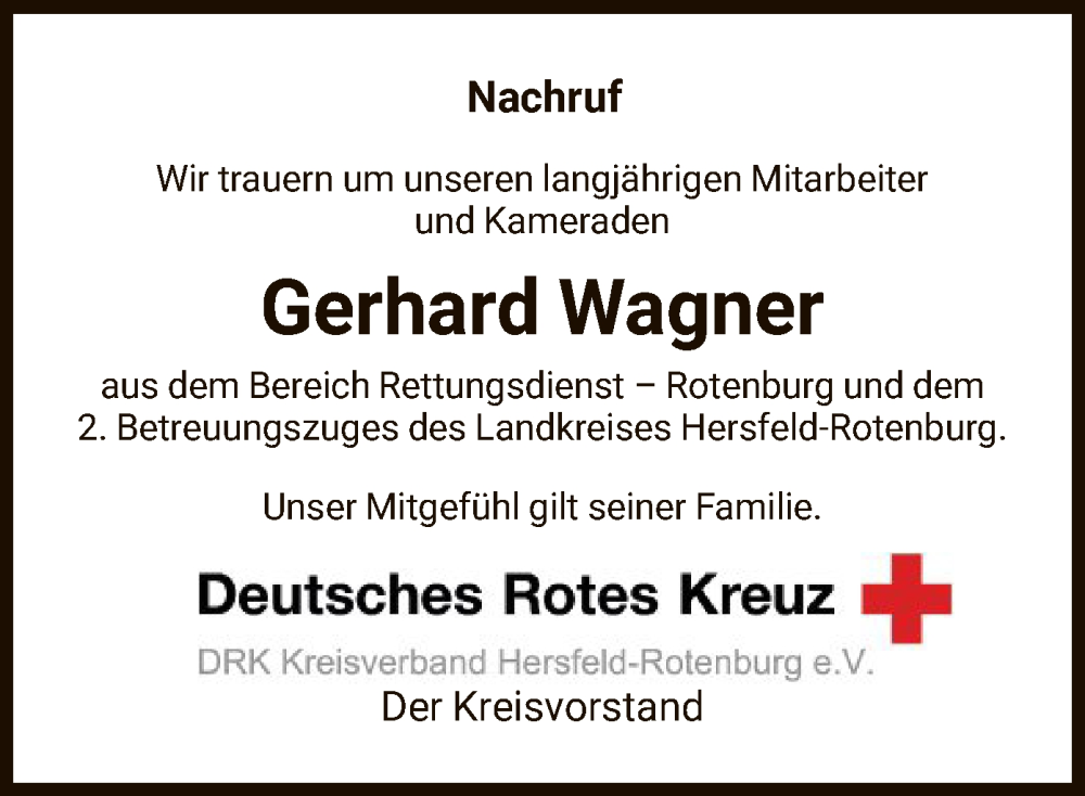  Traueranzeige für Gerhard Wagner vom 28.10.2023 aus WRS