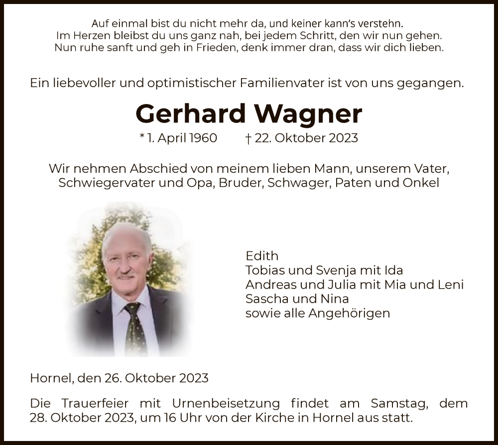  Traueranzeige für Gerhard Wagner vom 26.10.2023 aus WRS