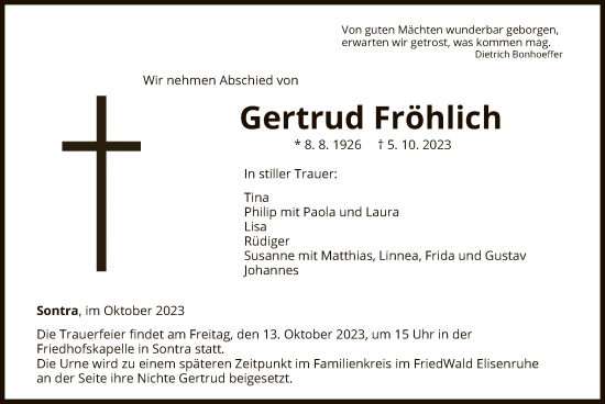 Traueranzeige von Gertrud Fröhlich von WRS