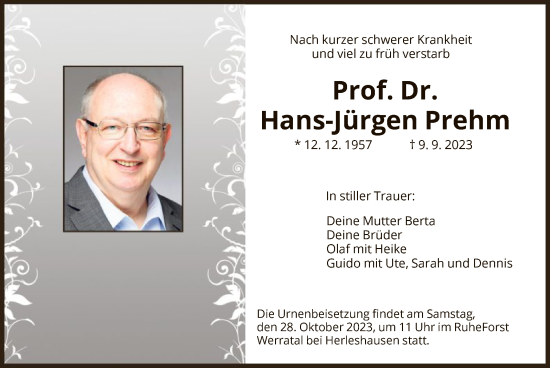 Traueranzeige von Hans-Jürgen Prehm von WRS