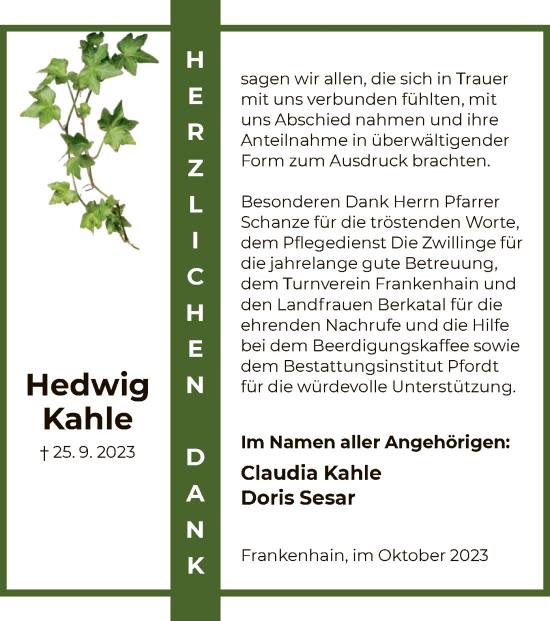 Traueranzeige von Hedwig Kahle von WRS