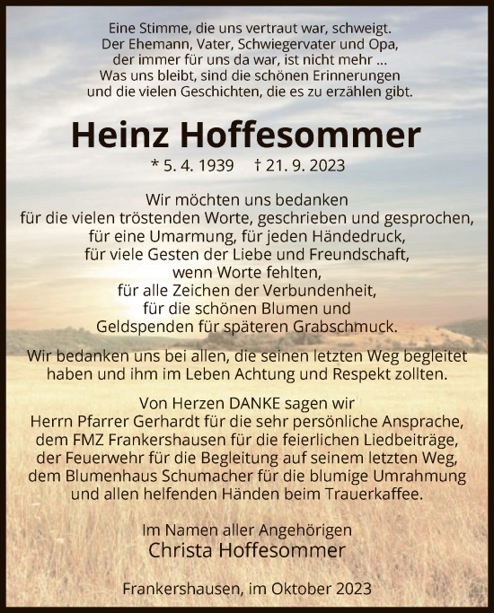 Traueranzeige von Heinz Hoffesommer von WRS