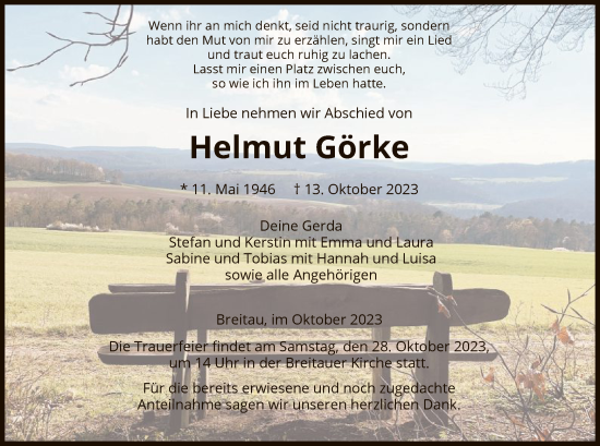 Traueranzeige von Helmut Görke von WRS