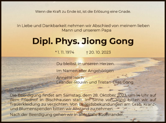 Traueranzeige von Jiong Gong von WRS