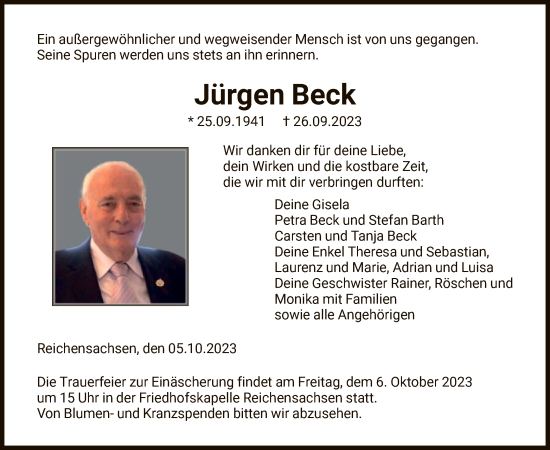 Traueranzeige von Jürgen Beck von WRS