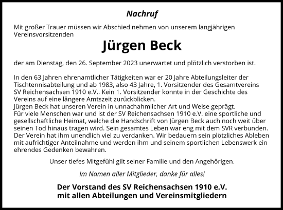 Traueranzeige von Jürgen Beck von WRS