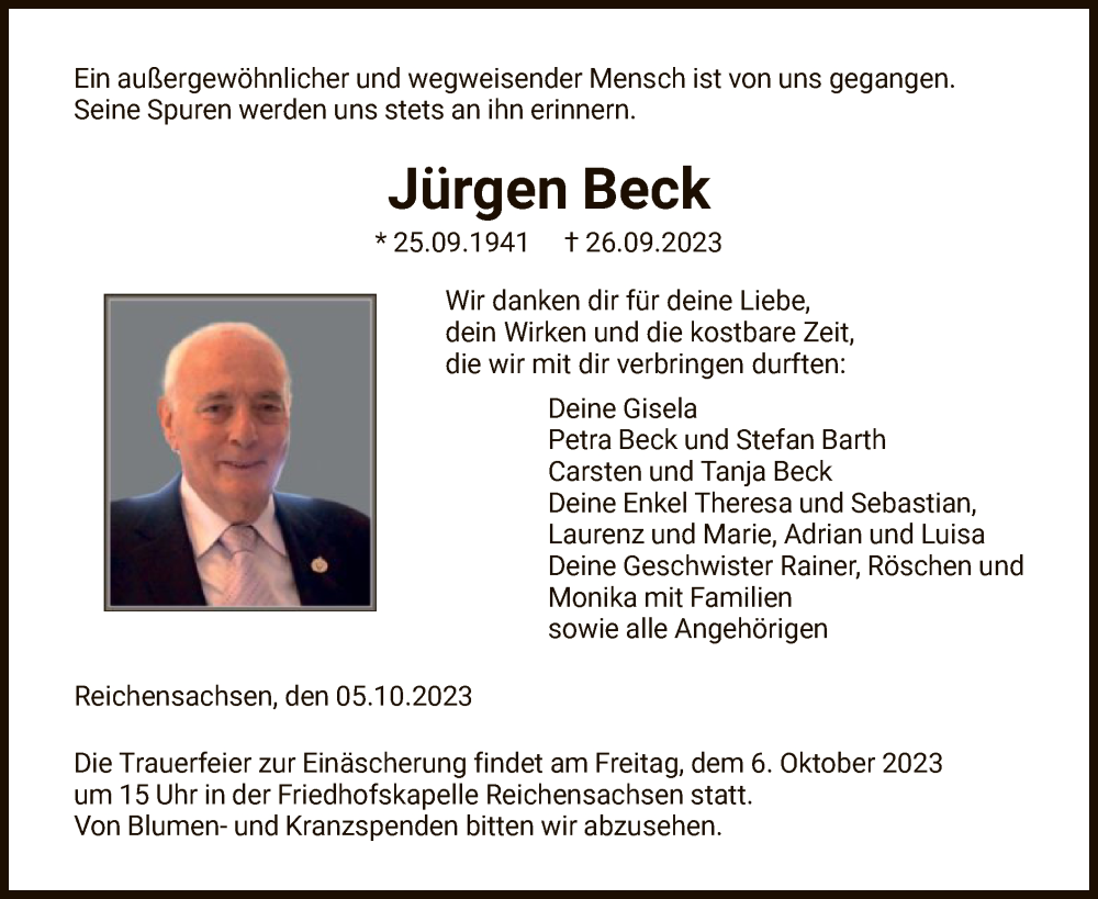  Traueranzeige für Jürgen Beck vom 05.10.2023 aus WRS