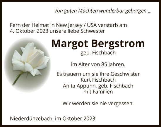 Traueranzeige von Margot Bergstrom von WRS