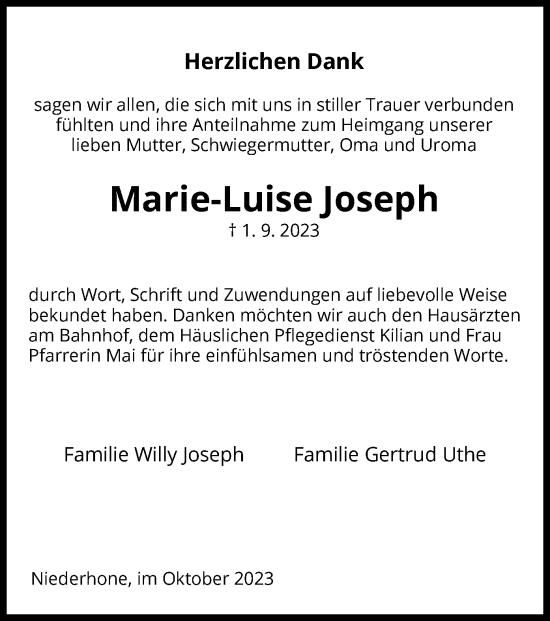 Traueranzeige von Marie-Luise Joseph von WRS