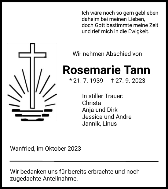 Traueranzeige von Rosemarie Tann von WRS