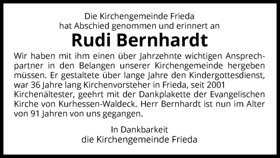 Traueranzeige von Rudi Bernhardt von WRS