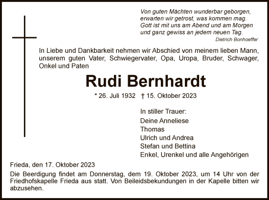 Traueranzeige von Rudi Bernhardt von WRS