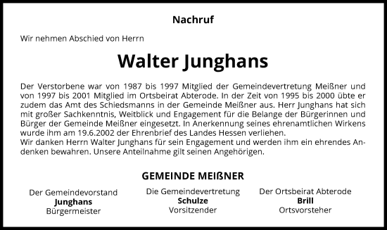 Traueranzeige von Walter Junghans von WRS