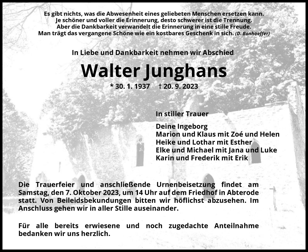 Traueranzeigen von Walter Junghans trauer.werra rundschau.de