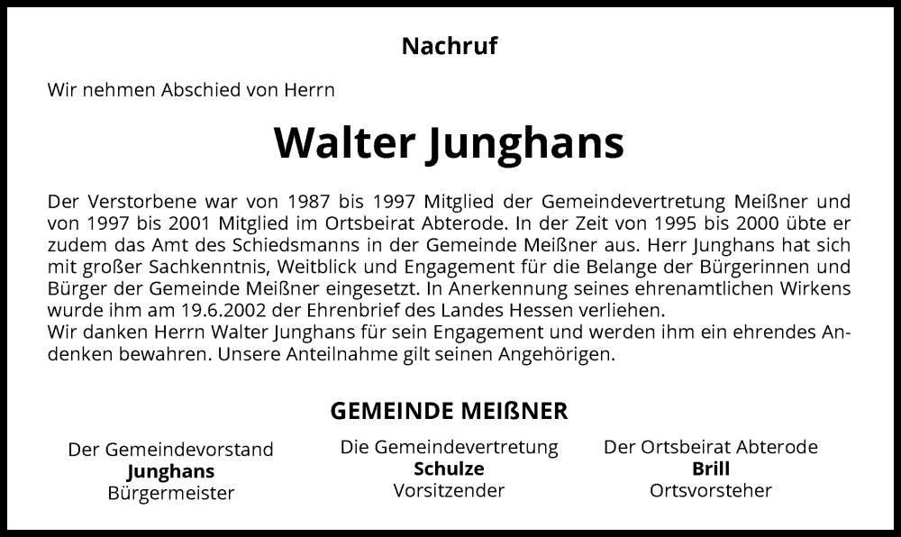 Traueranzeigen von Walter Junghans trauer.werra rundschau.de