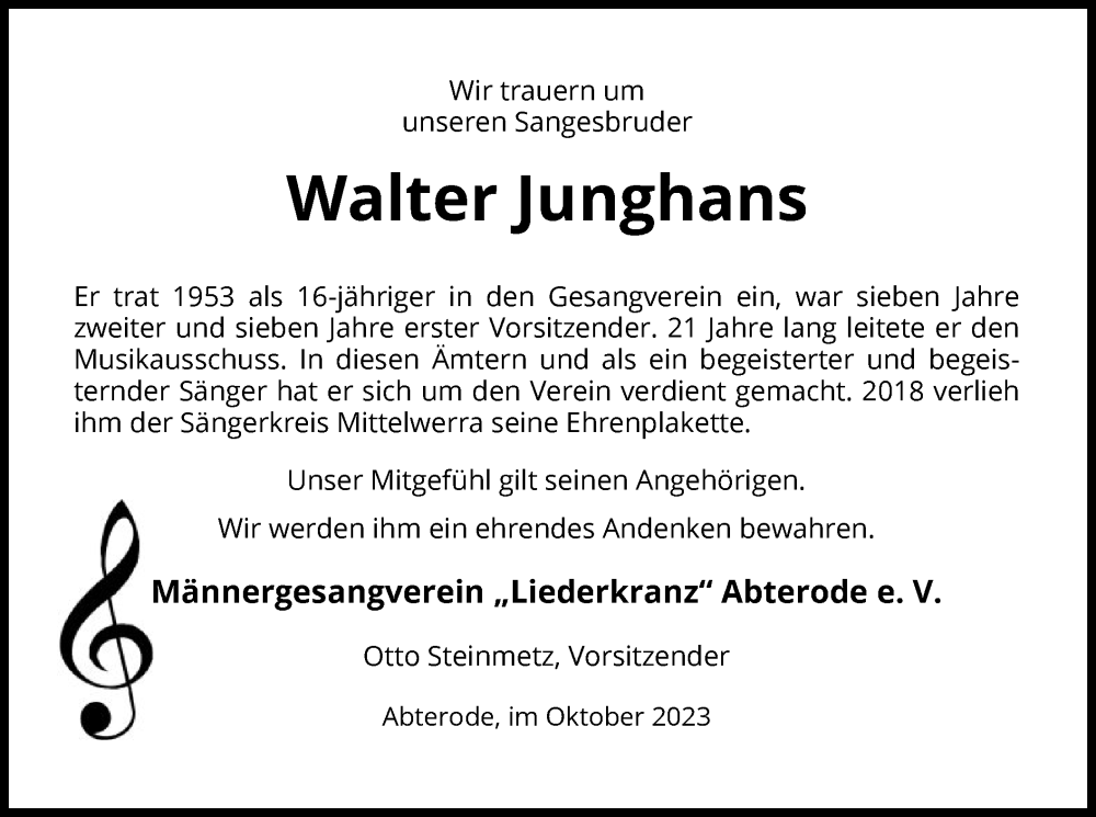 Traueranzeigen von Walter Junghans trauer.werra rundschau.de