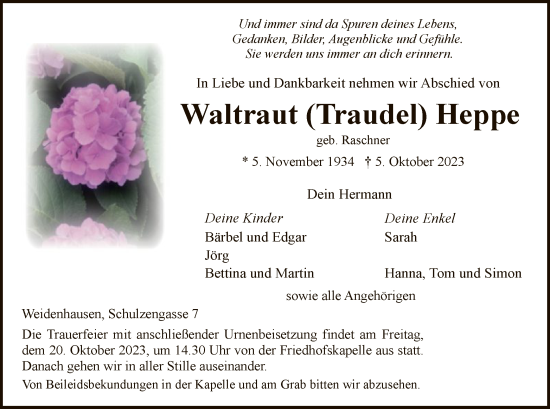 Traueranzeige von Waltraut Heppe von WRS