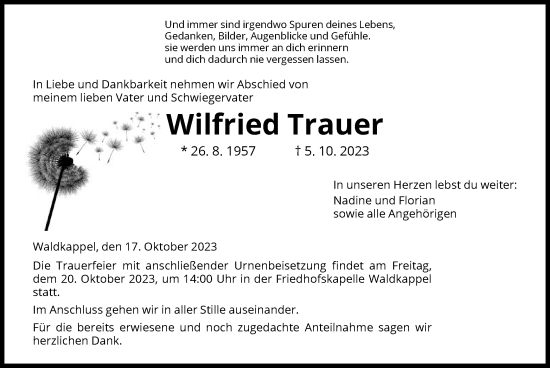 Traueranzeige von Wilfried Trauer von WRS