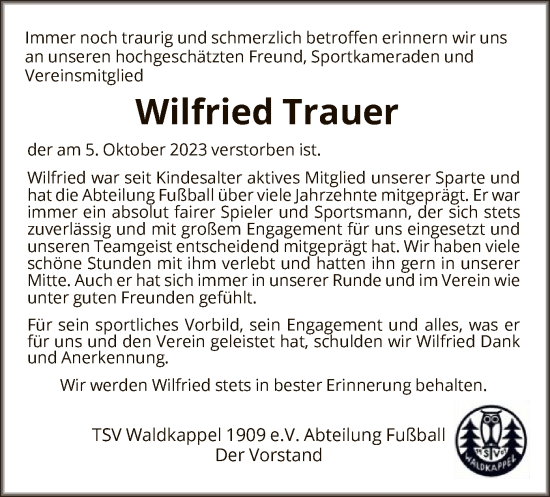 Traueranzeige von Wilfried Trauer von WRS