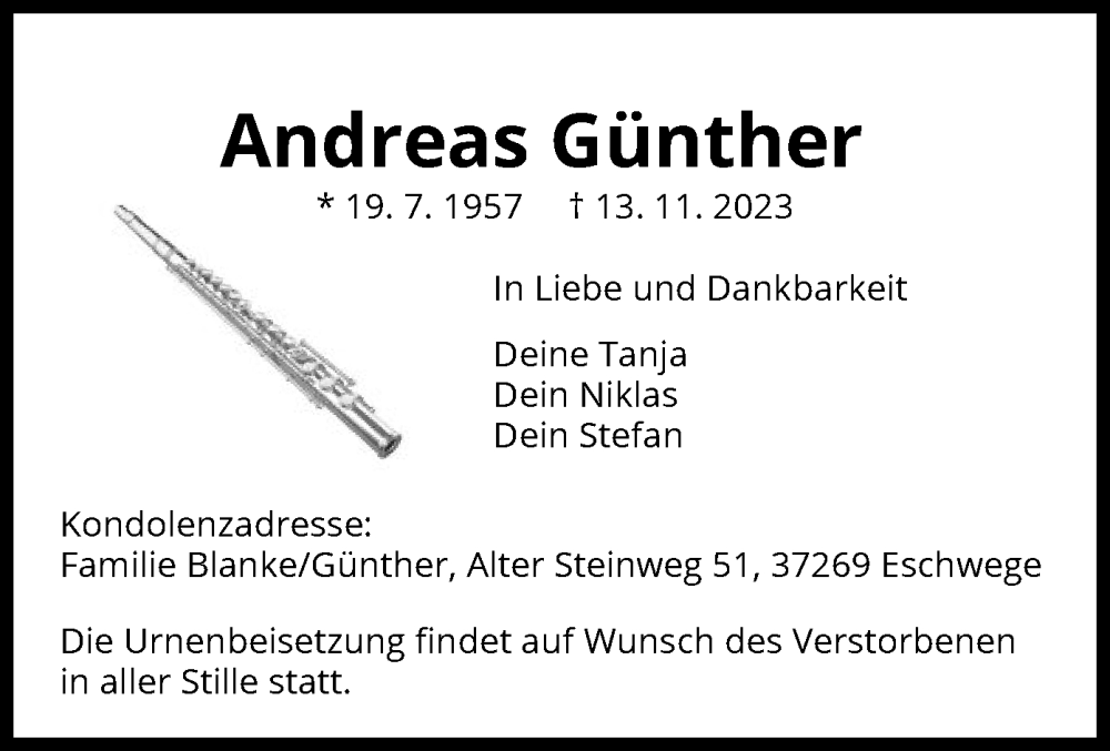  Traueranzeige für Andreas Günther vom 17.11.2023 aus WRS