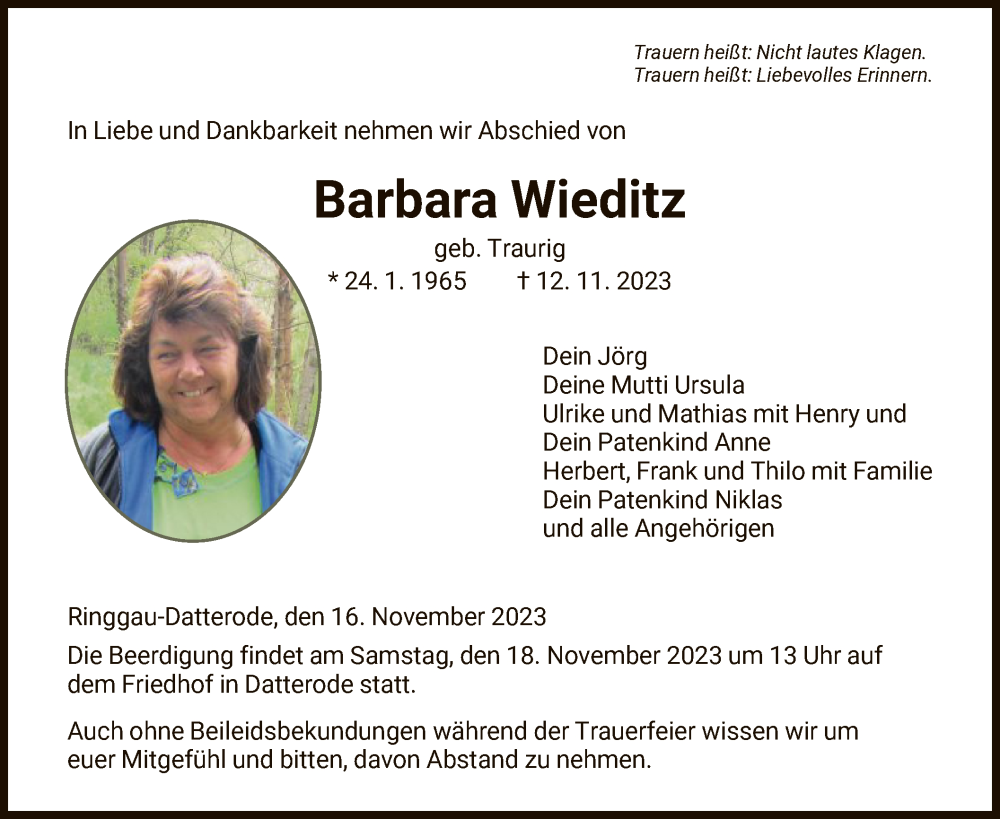  Traueranzeige für Barbara Wieditz vom 16.11.2023 aus WRS