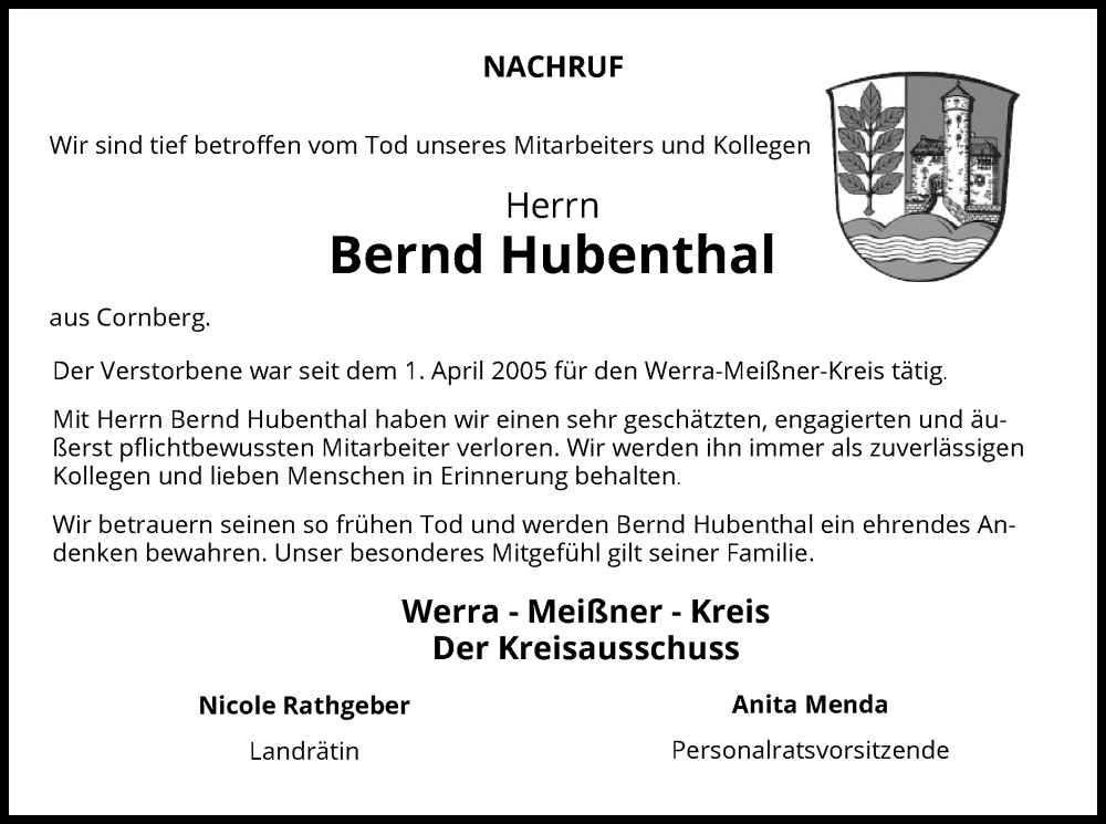  Traueranzeige für Bernd Hubenthal vom 25.11.2023 aus WRSHNA