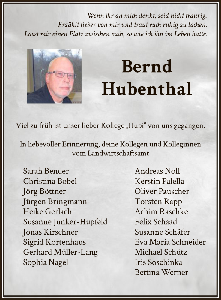  Traueranzeige für Bernd Hubenthal vom 25.11.2023 aus WRSWRS
