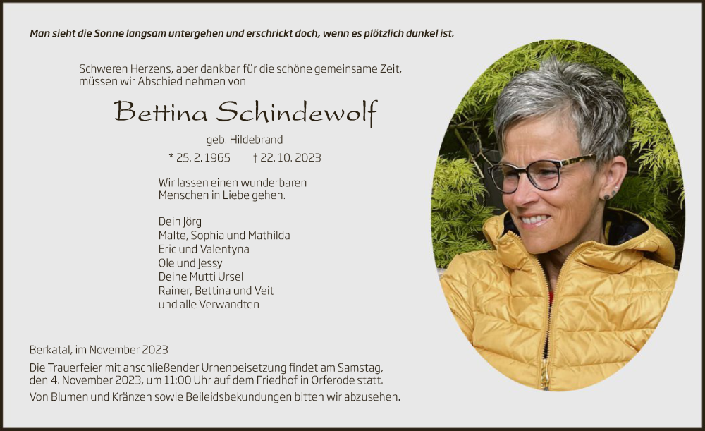  Traueranzeige für Bettina Schindewolf vom 01.11.2023 aus WRSHNA