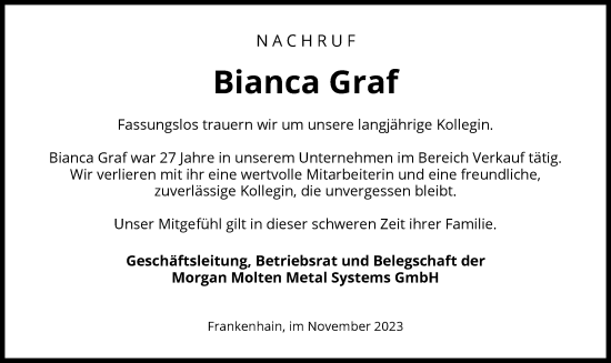 Traueranzeige von Bianca Graf von WRS