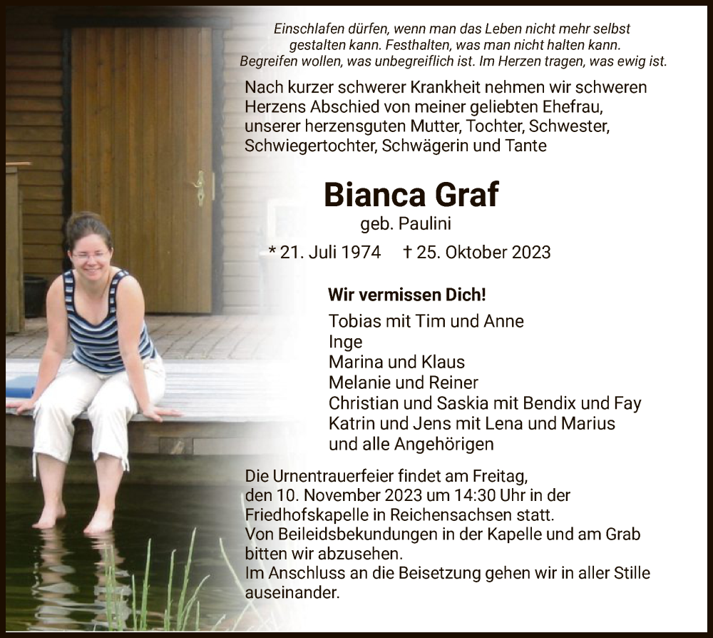  Traueranzeige für Bianca Graf vom 04.11.2023 aus WRS