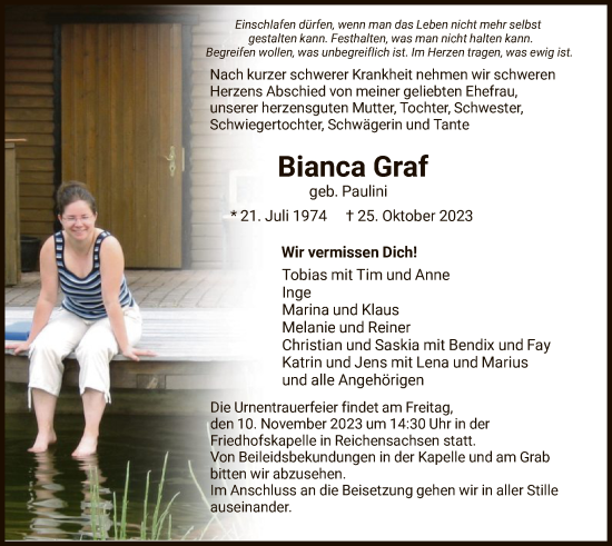 Traueranzeige von Bianca Graf von WRS