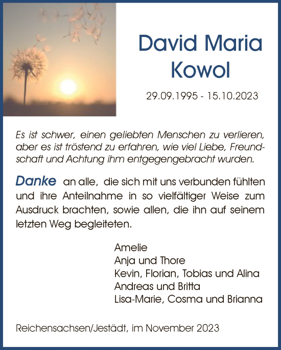 Traueranzeige von David Maria Kowol von WRS