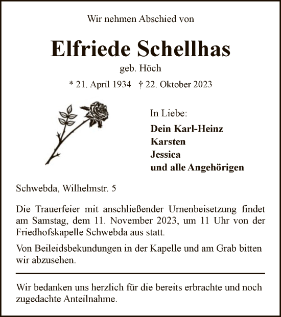 Traueranzeige von Elfriede Schellhas von WRS