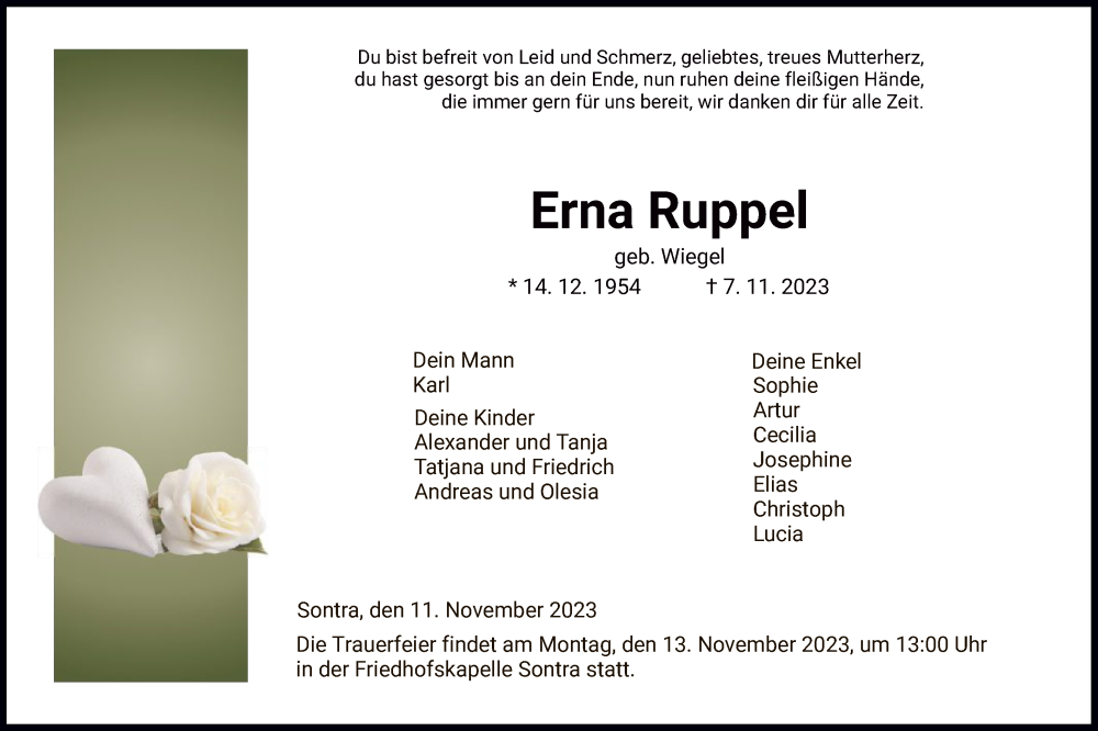  Traueranzeige für Erna Ruppel vom 11.11.2023 aus WRS