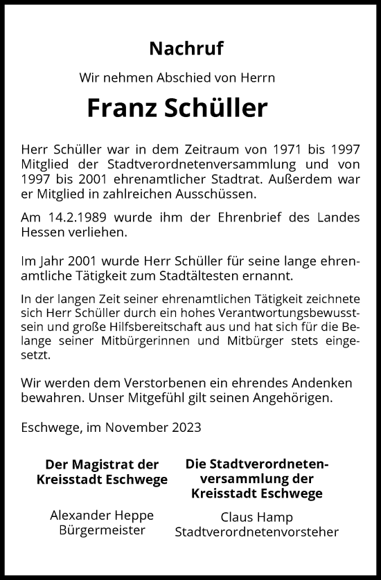 Traueranzeige von Franz Schüller von WRS