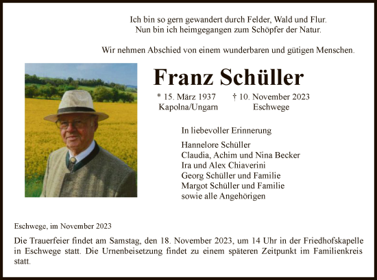 Traueranzeige von Franz Schüller von WRS