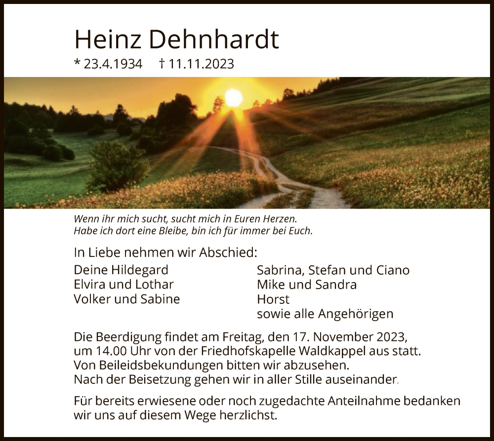  Traueranzeige für Heinz Dehnhardt vom 15.11.2023 aus WRS