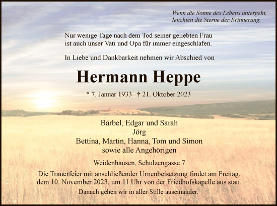 Traueranzeige von Hermann Heppe von WRS