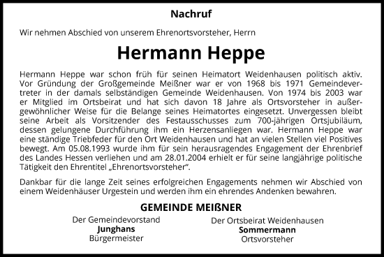 Traueranzeige von Hermann Heppe von WRS