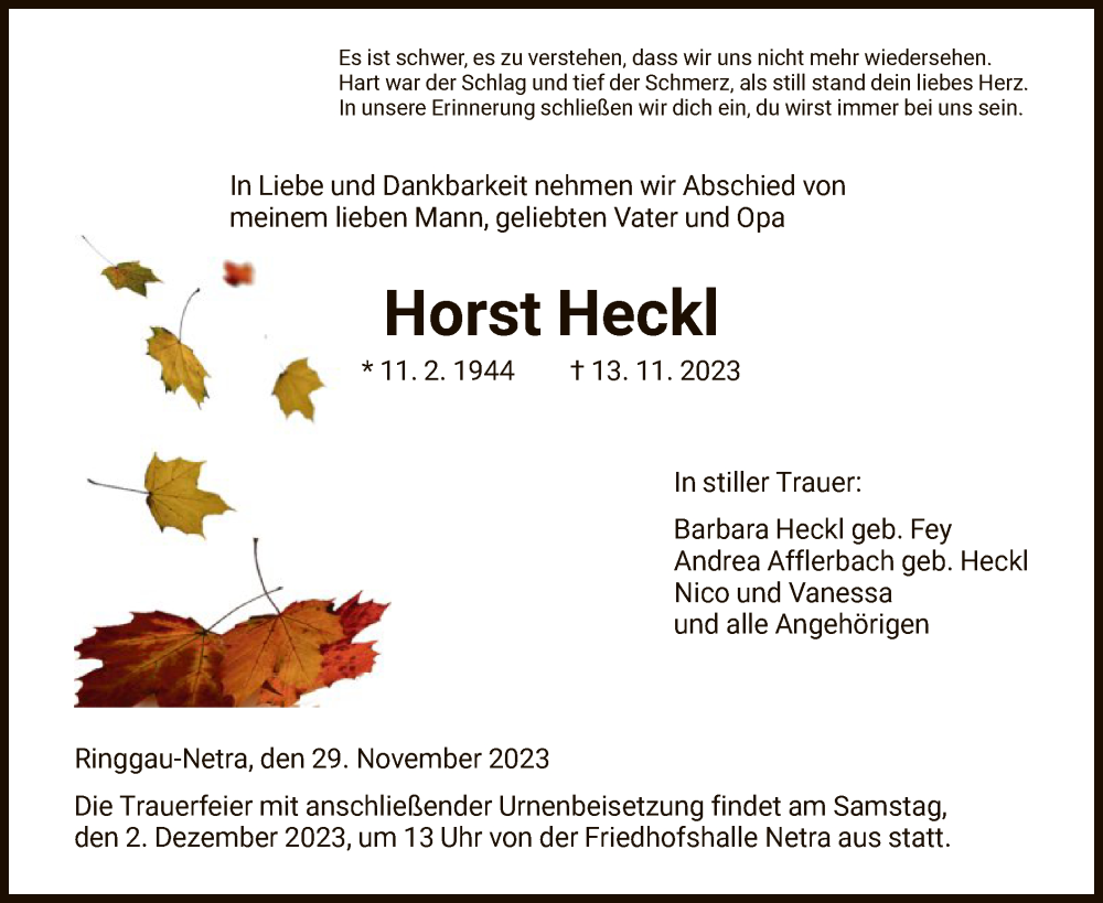  Traueranzeige für Horst Heckl vom 29.11.2023 aus WRS