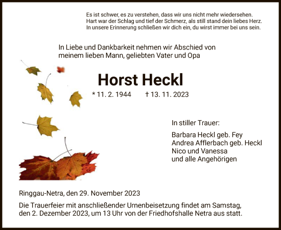 Traueranzeige von Horst Heckl von WRS