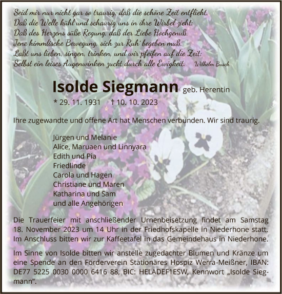 Traueranzeige von Isolde Siegmann von WRS