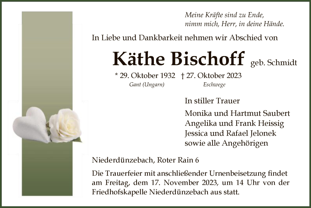  Traueranzeige für Käthe Bischoff vom 11.11.2023 aus WRS