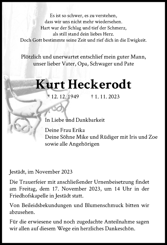 Traueranzeige von Kurt Heckerodt von WRS