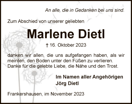 Traueranzeige von Marlene Dietl von WRS