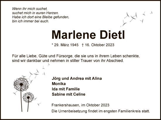 Traueranzeige von Marlene Dietl von WRS