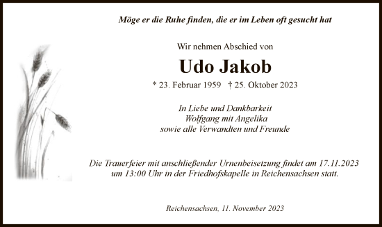 Traueranzeige von Udo Jakob von WRS