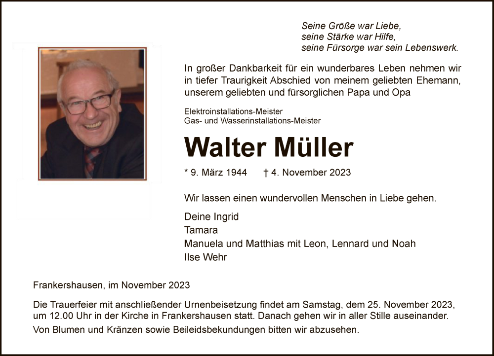  Traueranzeige für Walter Müller vom 18.11.2023 aus WRS