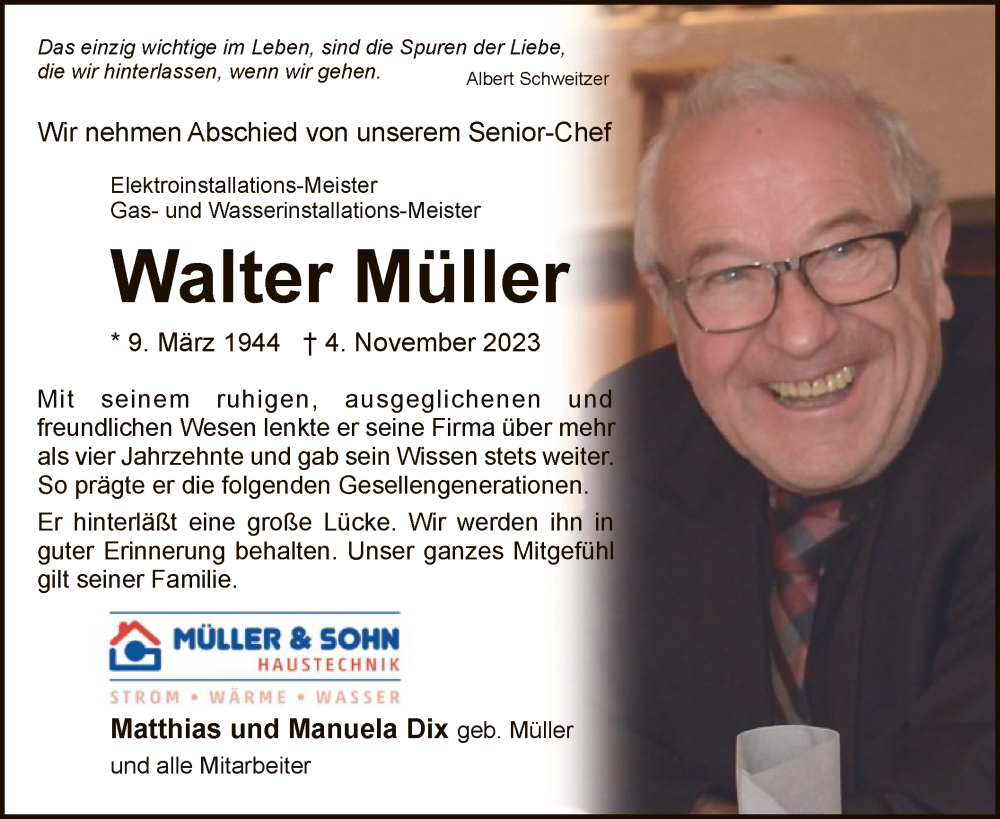  Traueranzeige für Walter Müller vom 18.11.2023 aus WRSHNA