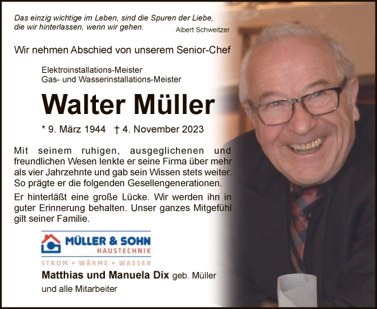 Traueranzeige von Walter Müller von WRSHNA